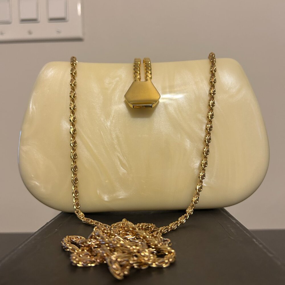 Vintage LISETTE Marble Bone Lucite Shoulder Handbag / Clutch w/ Gold Chain w/Box